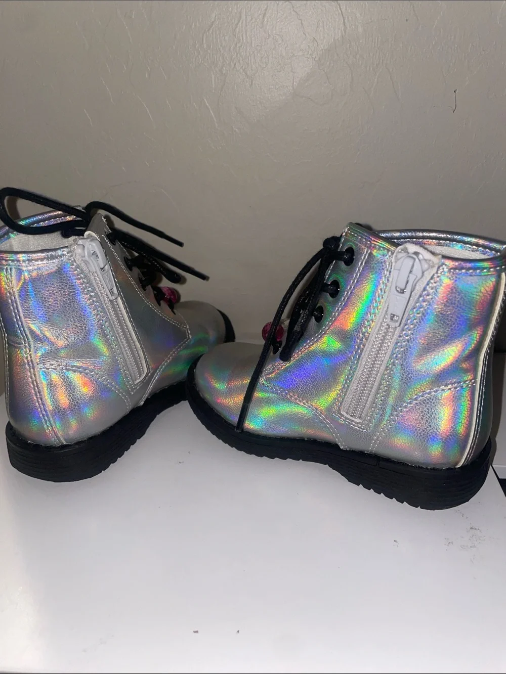 Kids Holographic Lace-Up Ankle Boots - Silver